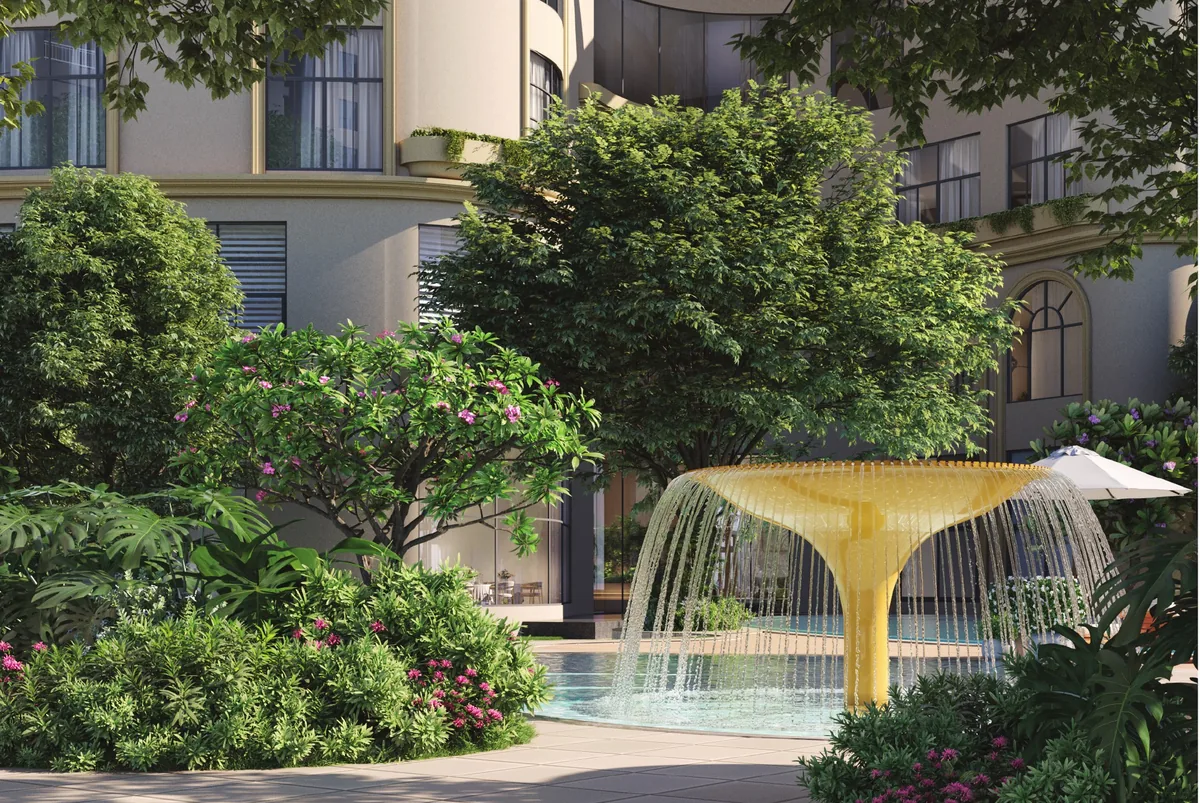 Sculptural fountain in a landscaped garden between the towers at Prestige Parklane