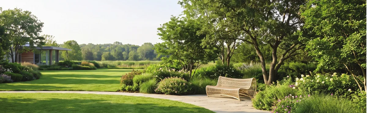 Open lawn with a garden bench and mature trees in the Prestige Parklane landscape