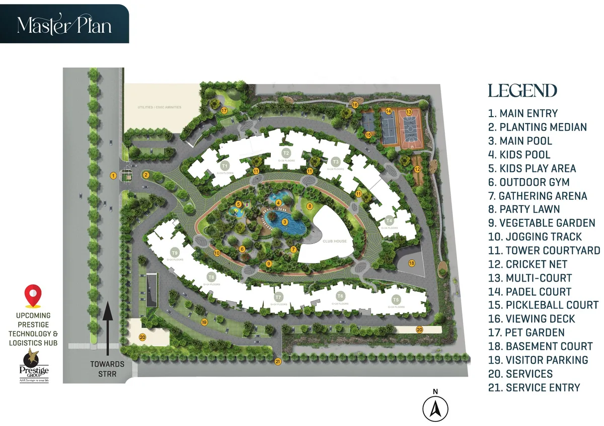 Prestige Parklane master plan showing nine towers around the central landscape, clubhouse and pools, with the 21-point amenity legend