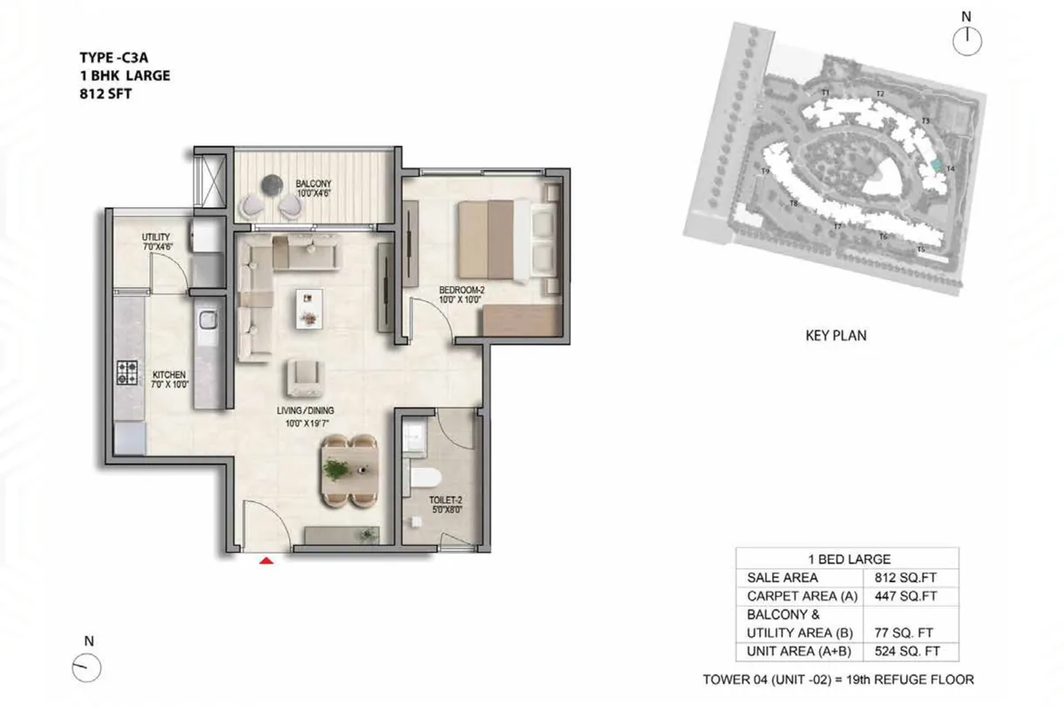 Prestige Parklane 1 BHK Large floor plan, Type C3A, 812 sq ft saleable with 447 sq ft RERA carpet area, Tower 4, unit 2, 19th refuge floor