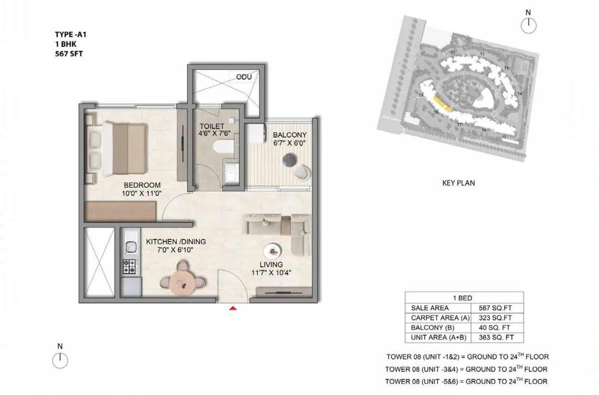 Prestige Parklane 1 BHK Classic floor plan, Type A1, 567 sq ft saleable with 323 sq ft RERA carpet area, Tower 8