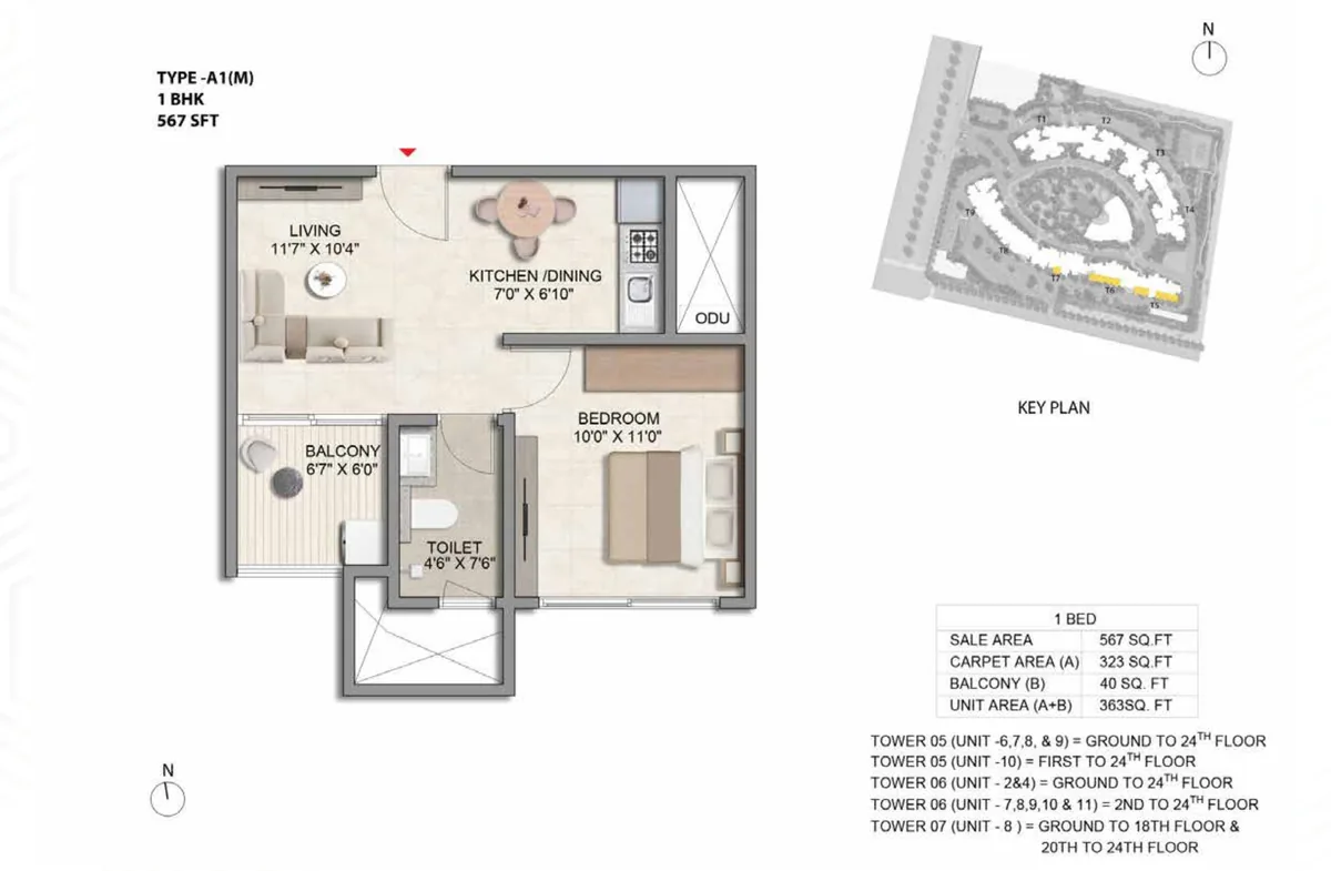 Prestige Parklane 1 BHK Classic floor plan, Type A1(M), 567 sq ft saleable with 323 sq ft RERA carpet area, Towers 5, 6 and 7, mirrored