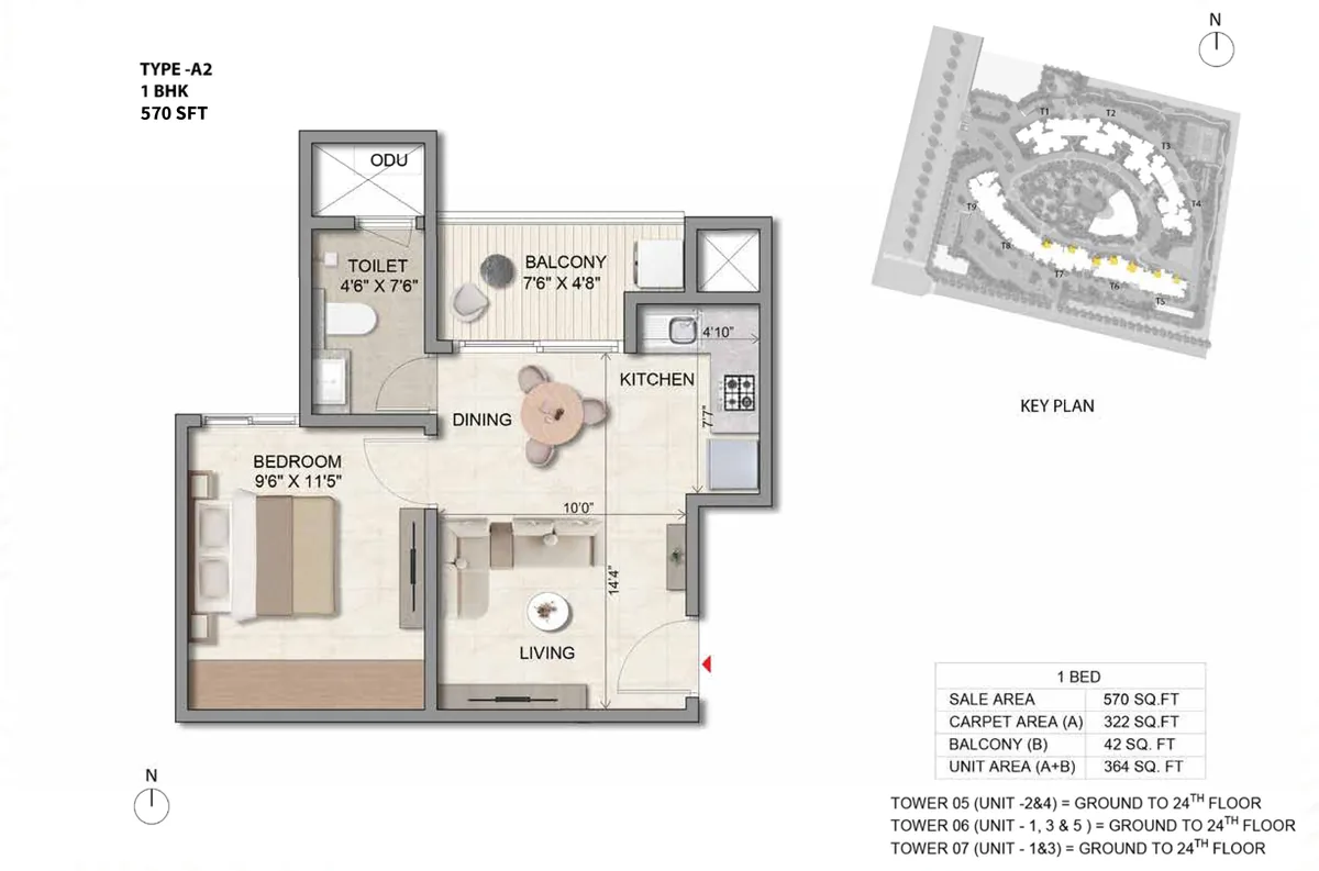 Prestige Parklane 1 BHK Classic floor plan, Type A2, 570 sq ft saleable with 322 sq ft RERA carpet area, Towers 5, 6 and 7