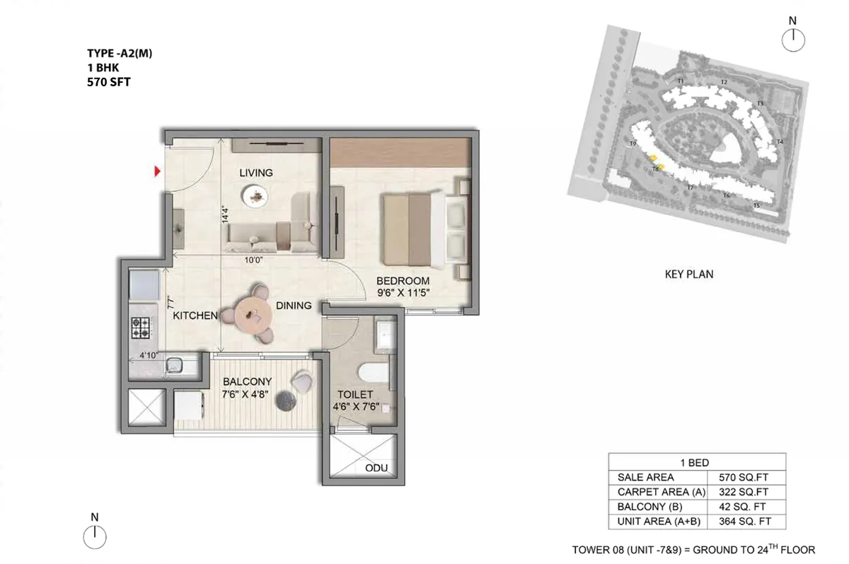 Prestige Parklane 1 BHK Classic floor plan, Type A2(M), 570 sq ft saleable with 322 sq ft RERA carpet area, Tower 8, units 7 and 9