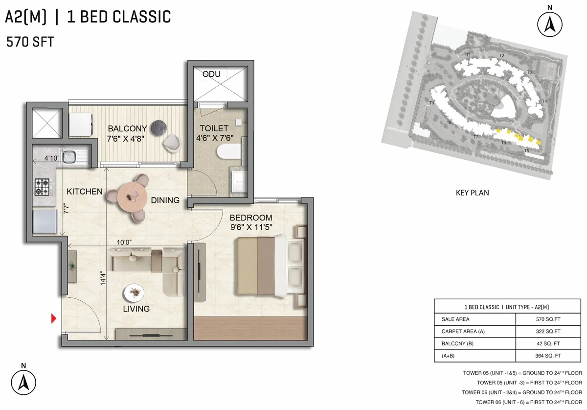 Prestige Parklane 1 BHK Classic floor plan, Type A2(M), 570 sq ft saleable with 322 sq ft RERA carpet area, Towers 5 and 6