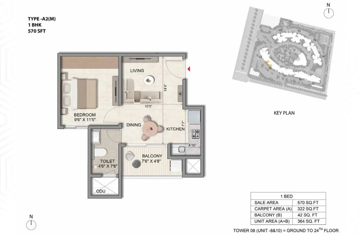 Prestige Parklane 1 BHK Classic floor plan, Type A2(M), 570 sq ft saleable with 322 sq ft RERA carpet area, Tower 8, units 8 and 10