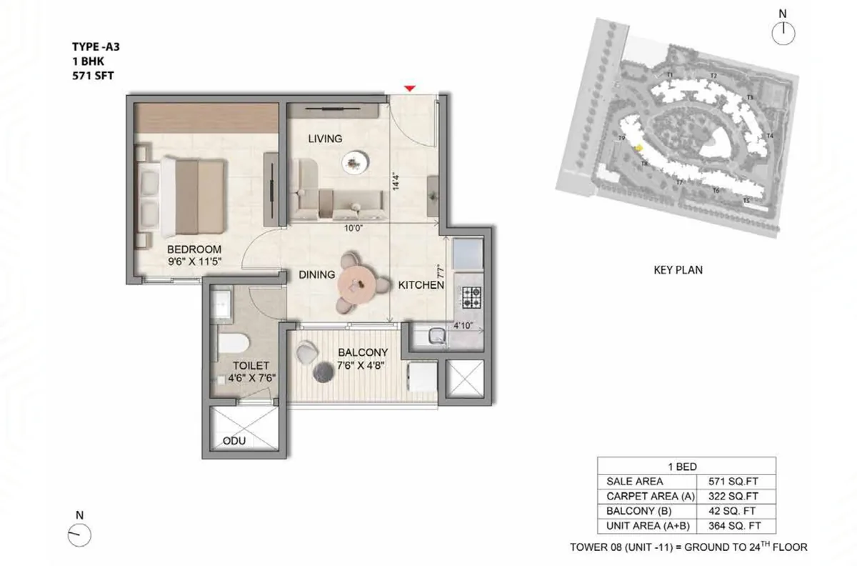 Prestige Parklane 1 BHK Classic floor plan, Type A3, 571 sq ft saleable with 322 sq ft RERA carpet area, Tower 8, unit 11