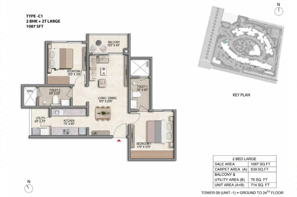 Prestige Parklane 2 BHK Ultima floor plan, Type C1, 1,087 sq ft saleable with 639 sq ft RERA carpet area, Tower 9, unit 1