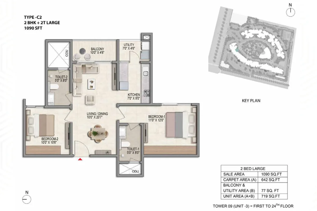 Prestige Parklane 2 BHK Ultima floor plan, Type C2, 1,090 sq ft saleable with 642 sq ft RERA carpet area, Tower 9, unit 3