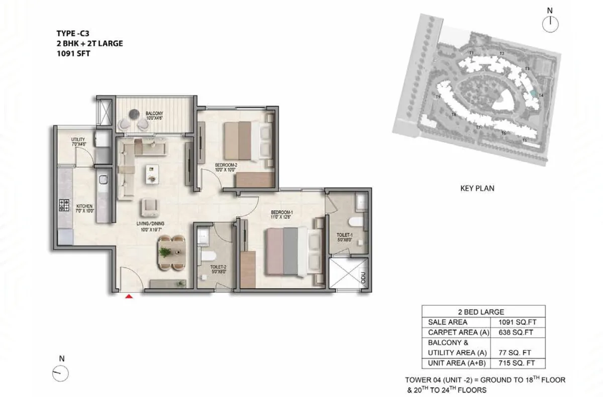 Prestige Parklane 2 BHK Ultima floor plan, Type C3, 1,091 sq ft saleable with 638 sq ft RERA carpet area, Tower 4, unit 2