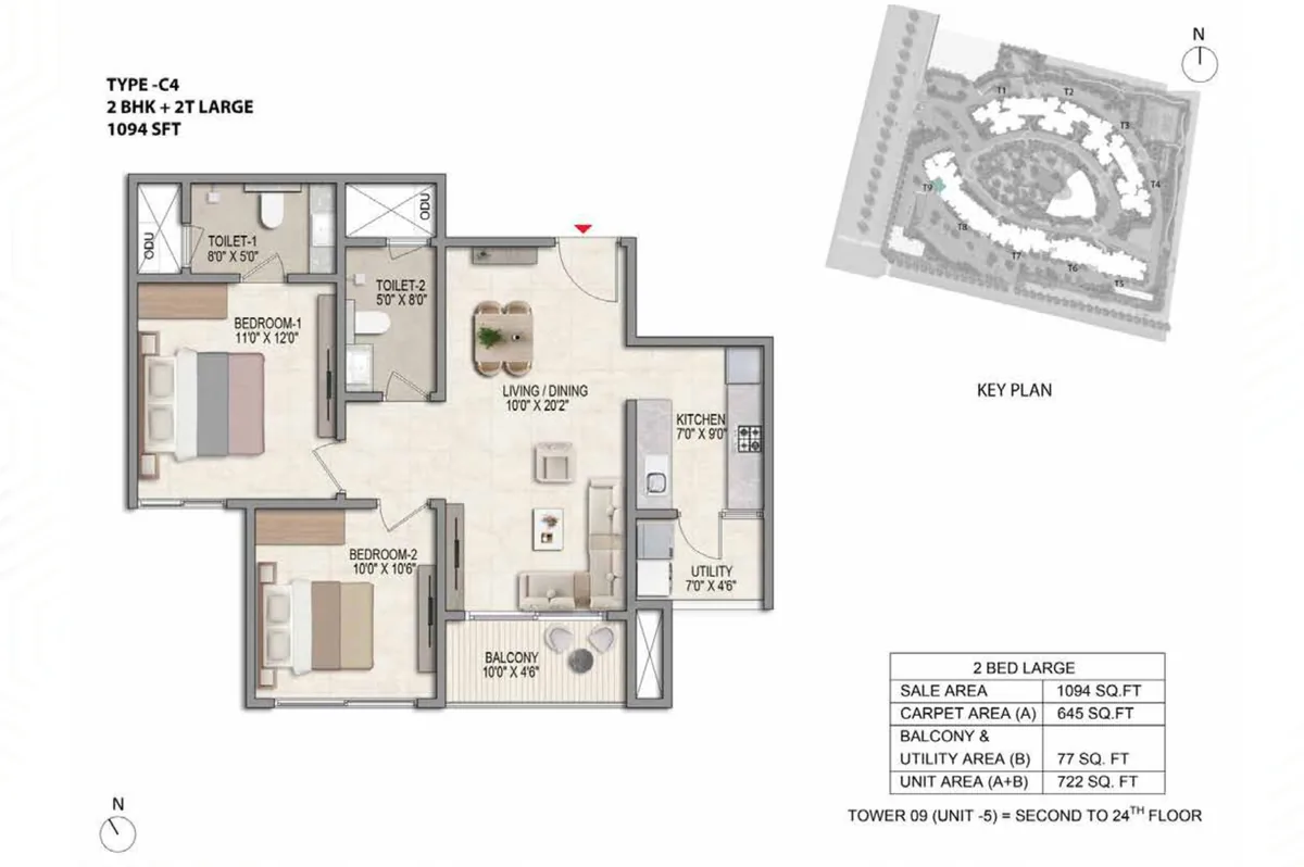 Prestige Parklane 2 BHK Ultima floor plan, Type C4, 1,094 sq ft saleable with 645 sq ft RERA carpet area, Tower 9, unit 5