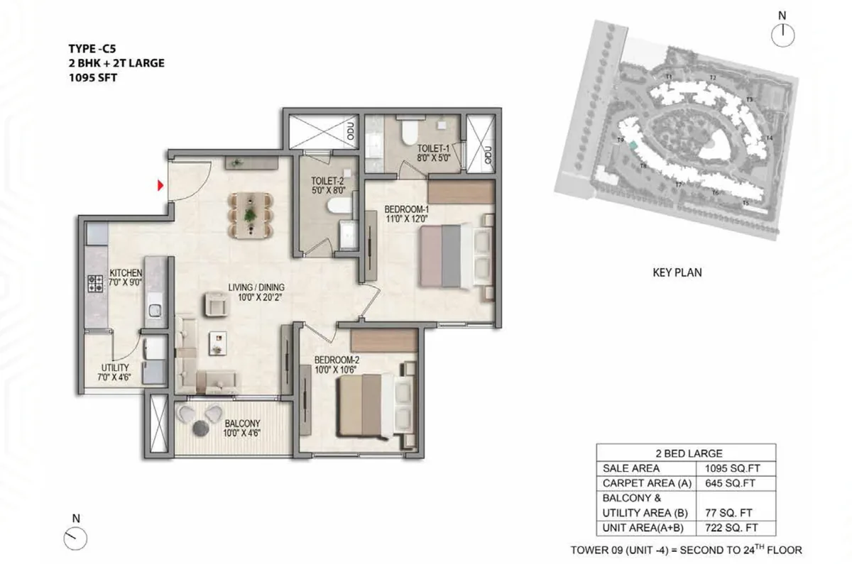 Prestige Parklane 2 BHK Ultima floor plan, Type C5, 1,095 sq ft saleable with 645 sq ft RERA carpet area, Tower 9, unit 4