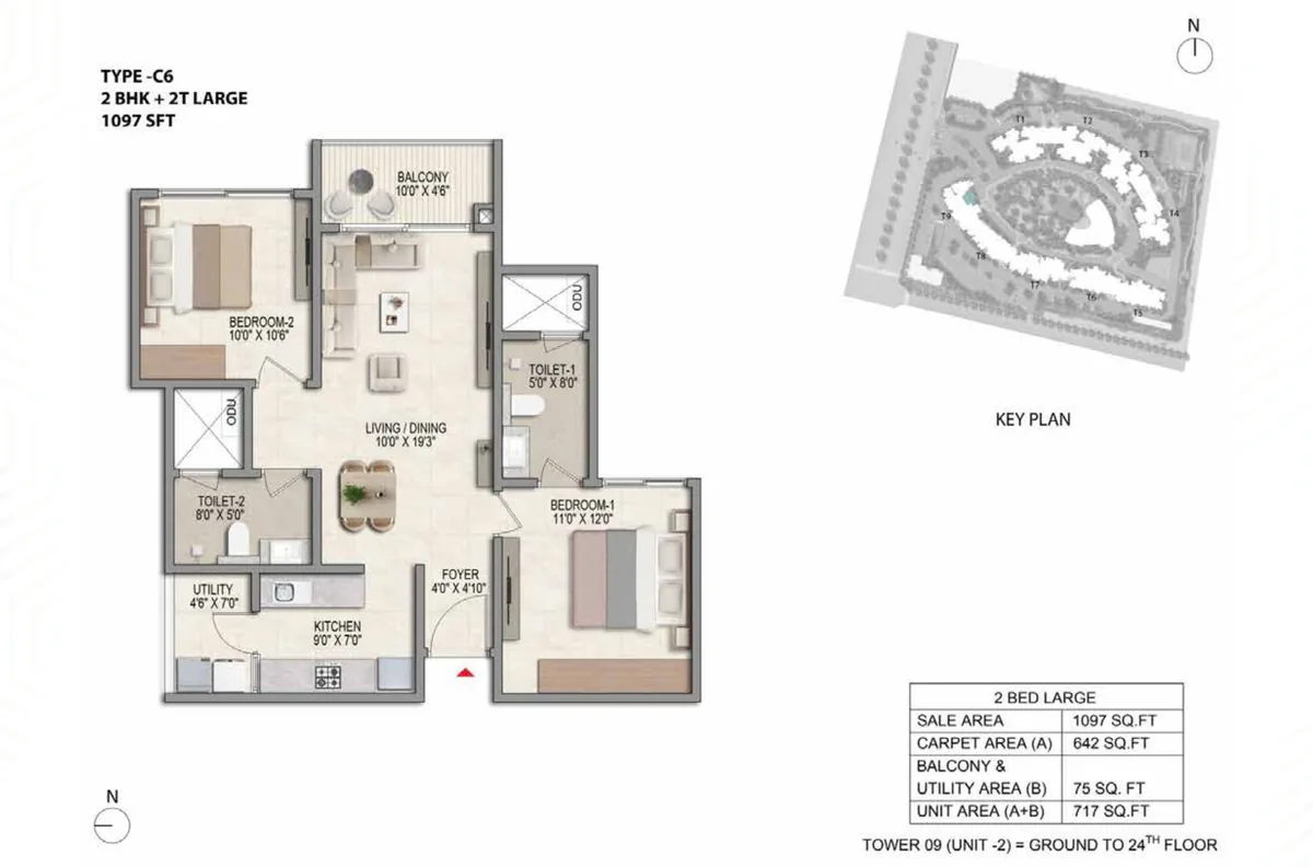 Prestige Parklane 2 BHK Ultima floor plan, Type C6, 1,097 sq ft saleable with 642 sq ft RERA carpet area, Tower 9, unit 2
