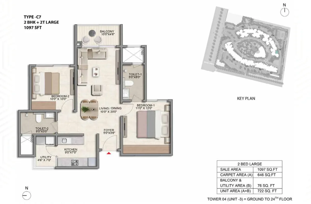 Prestige Parklane 2 BHK Ultima floor plan, Type C7, 1,097 sq ft saleable with 646 sq ft RERA carpet area, Tower 4, unit 3