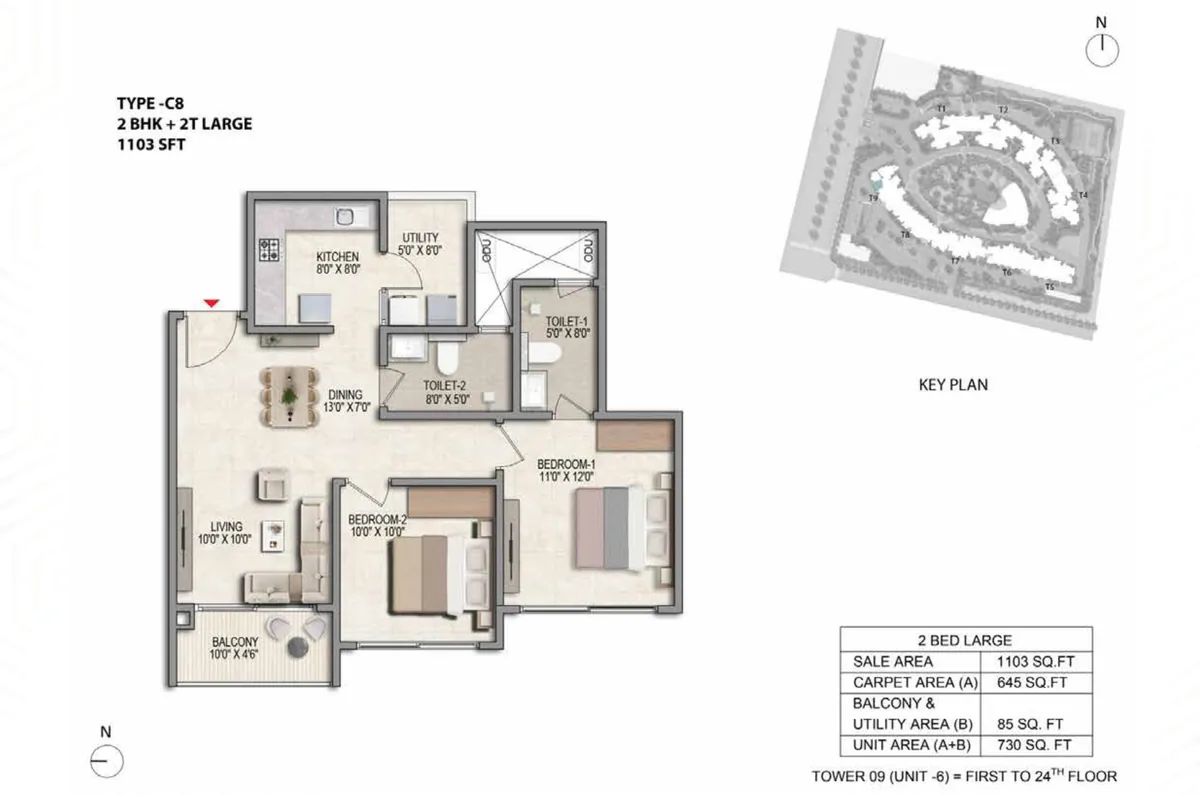Prestige Parklane 2 BHK Ultima floor plan, Type C8, 1,103 sq ft saleable with 645 sq ft RERA carpet area, Tower 9, unit 6