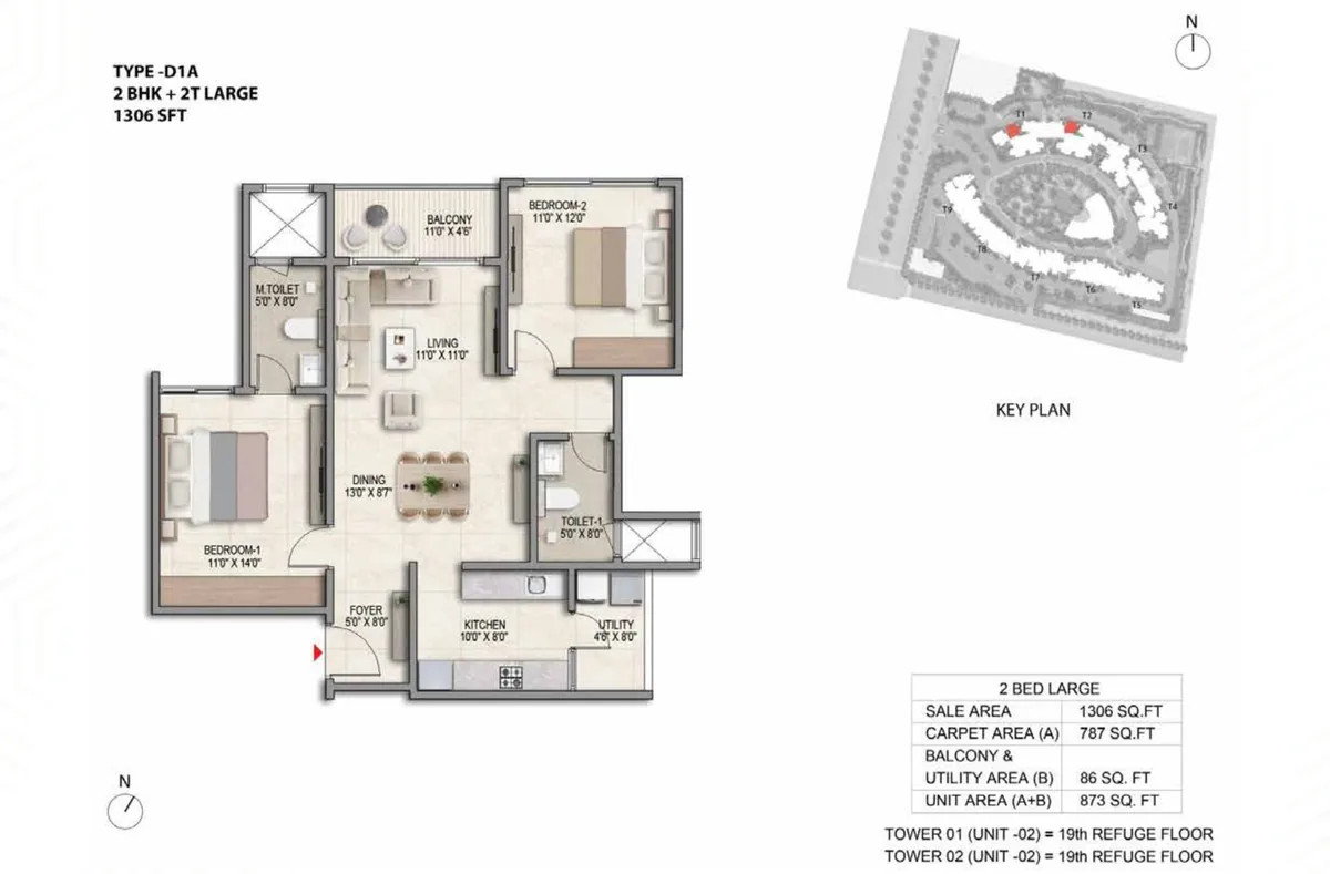 Prestige Parklane 2 BHK Ultima floor plan, Type D1A, 1,306 sq ft saleable with 787 sq ft RERA carpet area, Towers 1 and 2, unit 2, 19th refuge floor