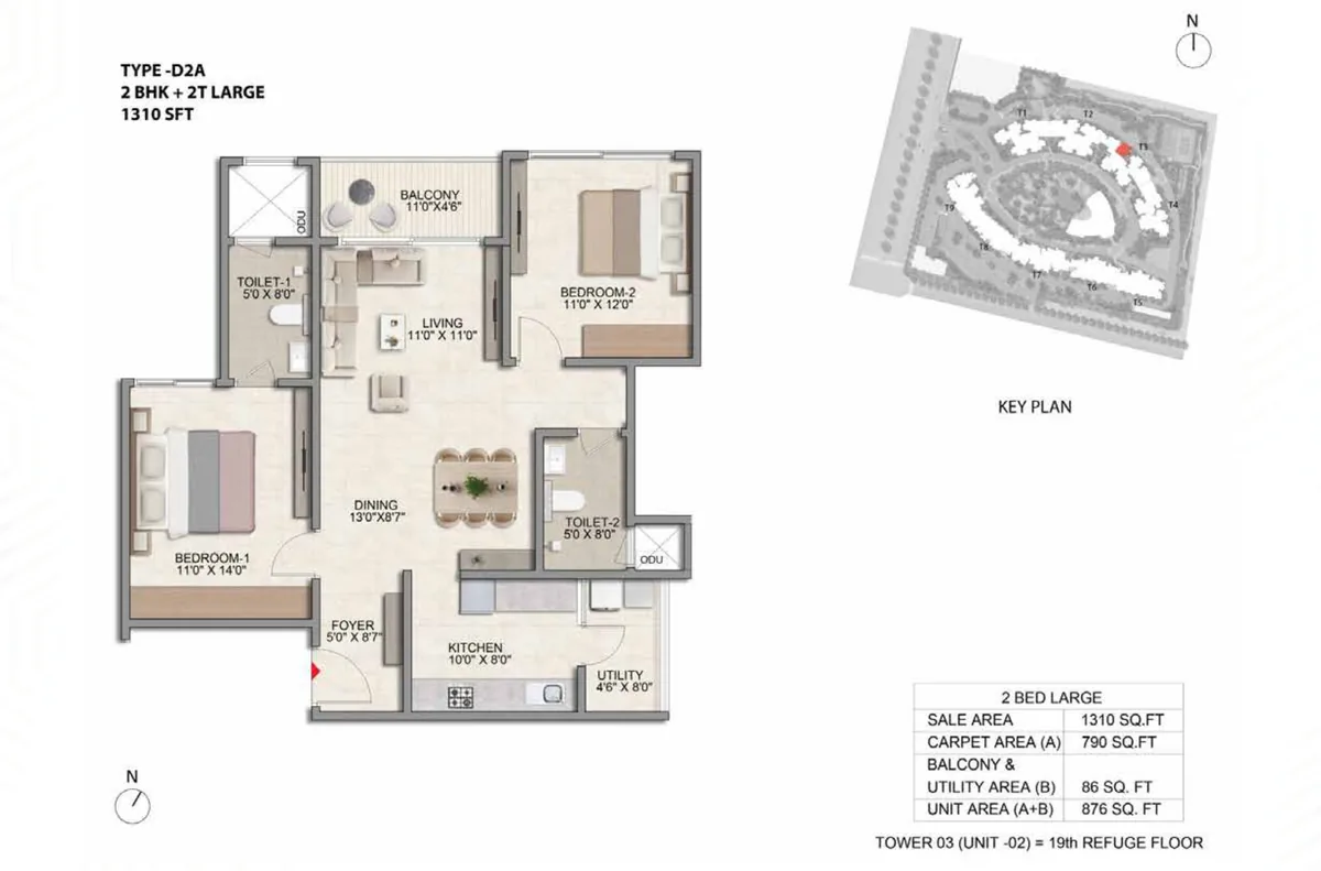 Prestige Parklane 2 BHK Ultima floor plan, Type D2A, 1,310 sq ft saleable with 790 sq ft RERA carpet area, Tower 3, unit 2, 19th refuge floor