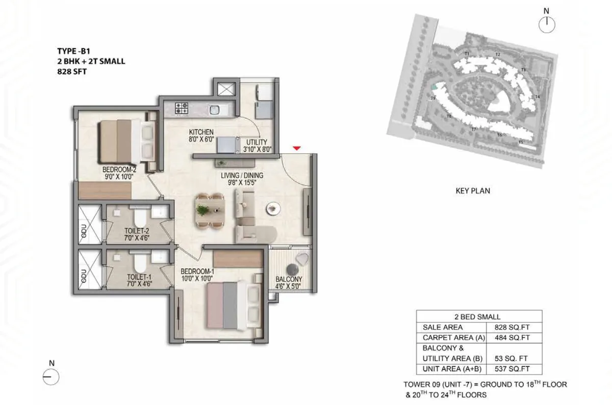 Prestige Parklane 2 BHK Optima floor plan, Type B1, 828 sq ft saleable with 484 sq ft RERA carpet area, Tower 9