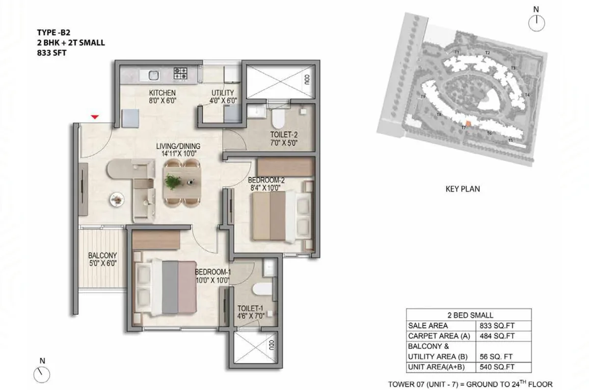 Prestige Parklane 2 BHK Optima floor plan, Type B2, 833 sq ft saleable with 484 sq ft RERA carpet area, Tower 7, unit 7