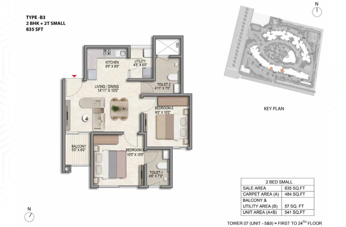 Prestige Parklane 2 BHK Optima floor plan, Type B3, 835 sq ft saleable with 484 sq ft RERA carpet area, Tower 7, units 5 and 9