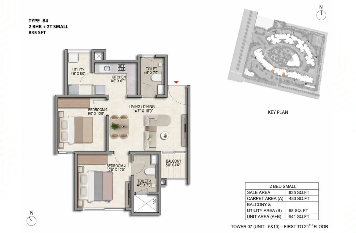 Prestige Parklane 2 BHK Optima floor plan, Type B4, 835 sq ft saleable with 483 sq ft RERA carpet area, Tower 7, units 6 and 10