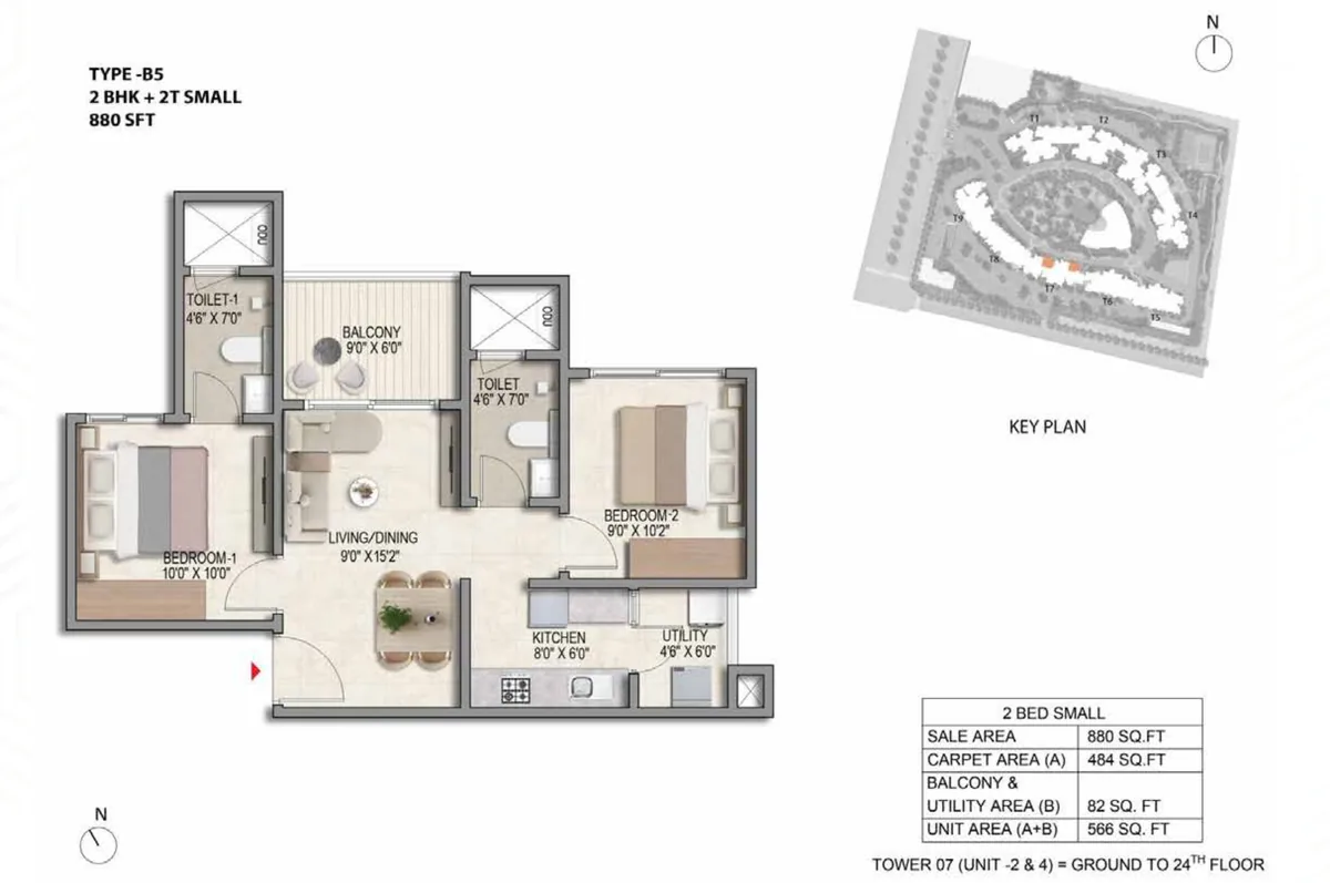 Prestige Parklane 2 BHK Optima floor plan, Type B5, 880 sq ft saleable with 484 sq ft RERA carpet area, Tower 7, units 2 and 4