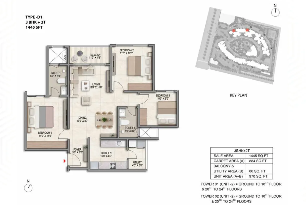 Prestige Parklane 3 BHK Aspire floor plan, Type D1, 1,445 sq ft saleable with 884 sq ft RERA carpet area, Towers 1 and 2, unit 2