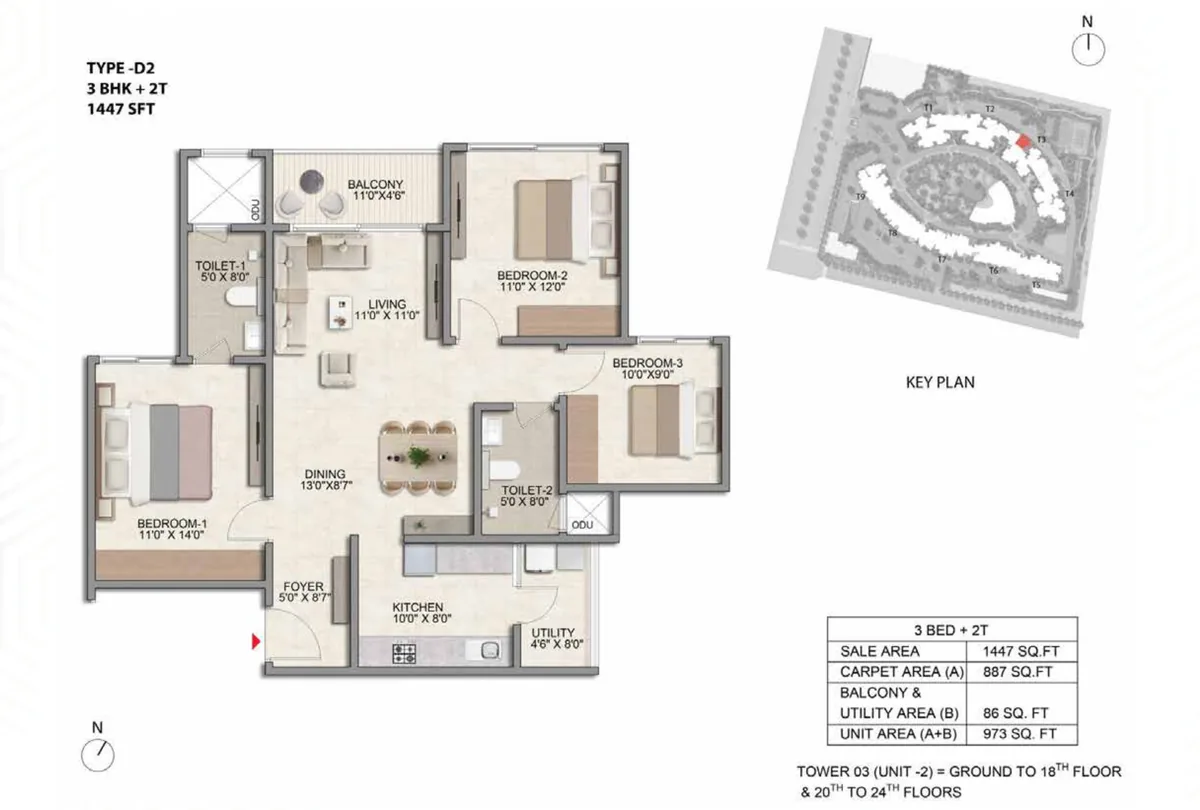 Prestige Parklane 3 BHK Aspire floor plan, Type D2, 1,447 sq ft saleable with 887 sq ft RERA carpet area, Tower 3, unit 2