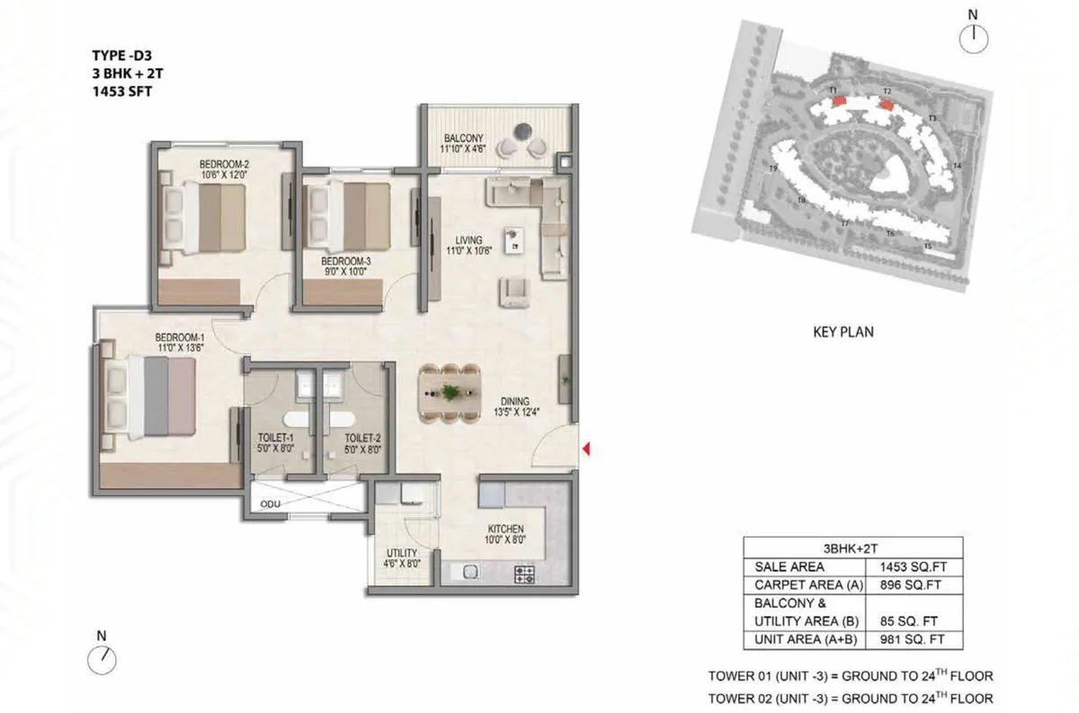 Prestige Parklane 3 BHK Aspire floor plan, Type D3, 1,453 sq ft saleable with 896 sq ft RERA carpet area, Towers 1 and 2, unit 3