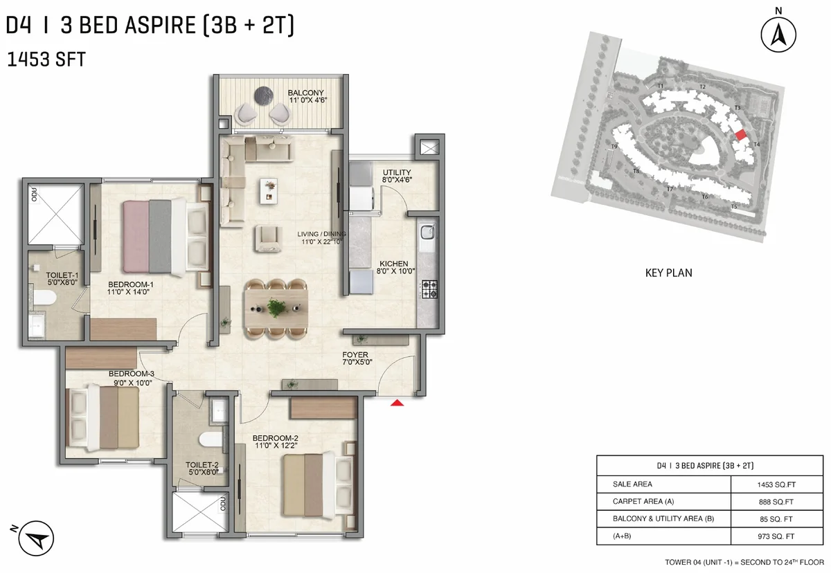 Prestige Parklane 3 BHK Aspire floor plan, Type D4, 1,453 sq ft saleable with 888 sq ft RERA carpet area, Tower 4, unit 1