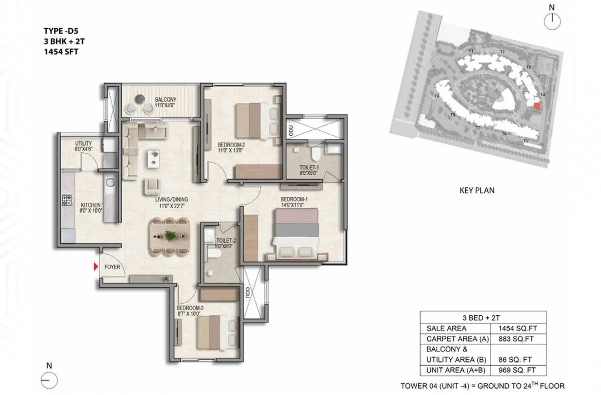 Prestige Parklane 3 BHK Aspire floor plan, Type D5, 1,454 sq ft saleable with 883 sq ft RERA carpet area, Tower 4, unit 4