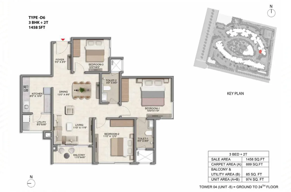 Prestige Parklane 3 BHK Aspire floor plan, Type D6, 1,458 sq ft saleable with 889 sq ft RERA carpet area, Tower 4, unit 5