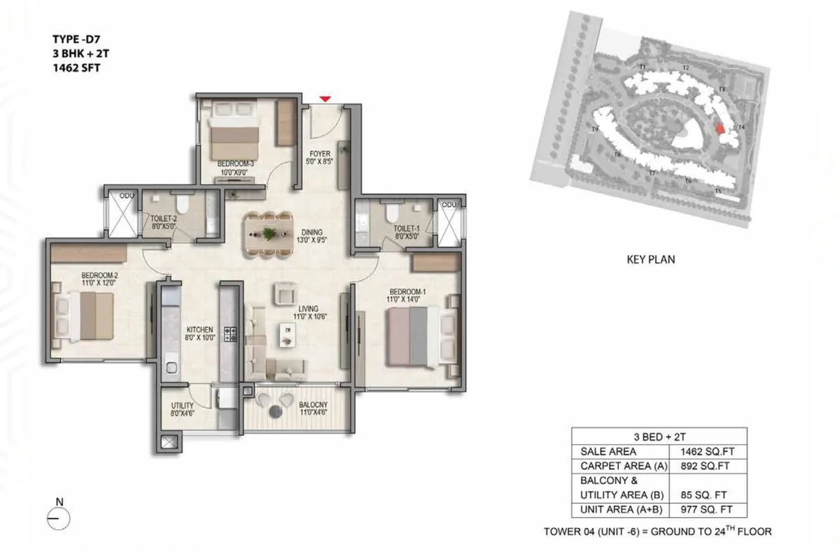 Prestige Parklane 3 BHK Aspire floor plan, Type D7, 1,462 sq ft saleable with 892 sq ft RERA carpet area, Tower 4, unit 6