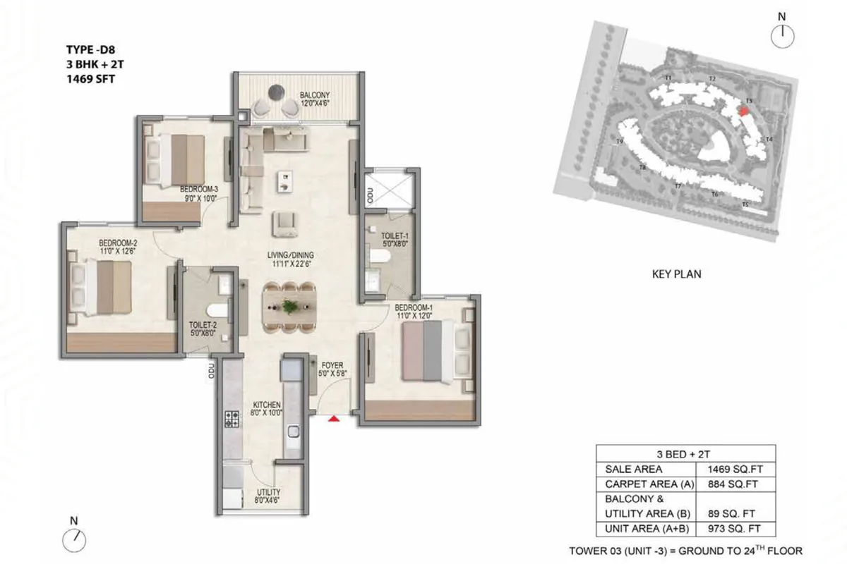 Prestige Parklane 3 BHK Aspire floor plan, Type D8, 1,469 sq ft saleable with 884 sq ft RERA carpet area, Tower 3, unit 3