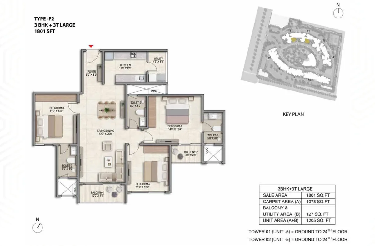 Prestige Parklane 3 BHK Ultima floor plan, Type F2, 1,801 sq ft saleable with 1,078 sq ft RERA carpet area, Towers 1 and 2, unit 5