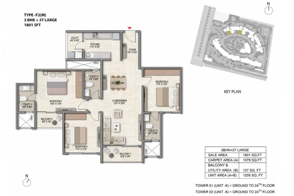 Prestige Parklane 3 BHK Ultima floor plan, Type F2(M), 1,801 sq ft saleable with 1,078 sq ft RERA carpet area, Towers 1 and 2, unit 6