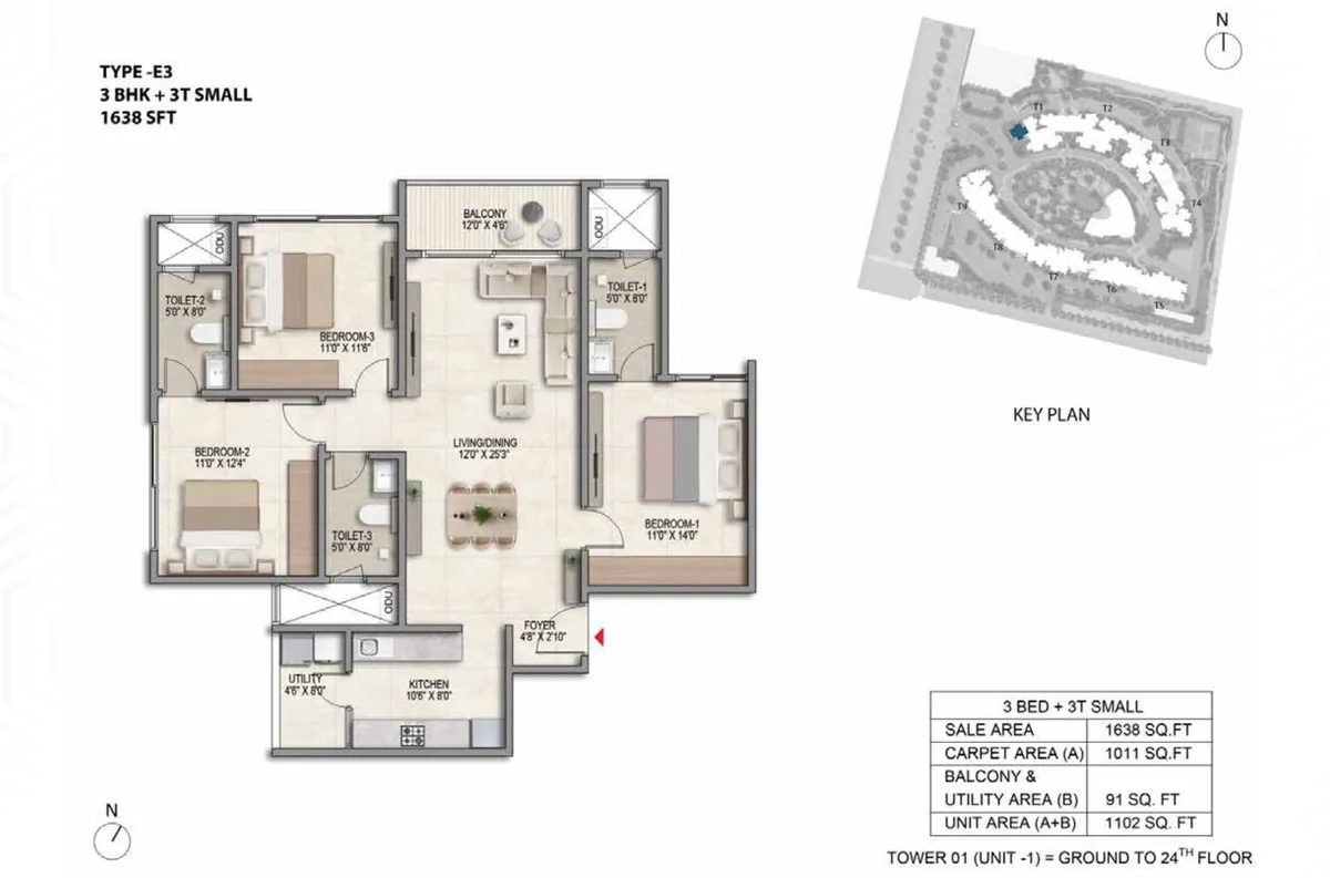Prestige Parklane 3 BHK Premia floor plan, Type E3, 1,638 sq ft saleable with 1,011 sq ft RERA carpet area, Towers 1 and 2, unit 1