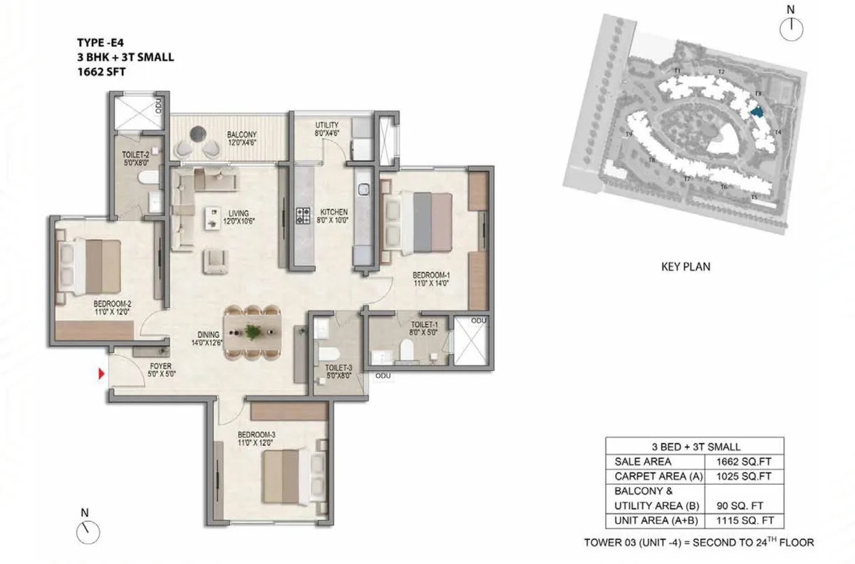 Prestige Parklane 3 BHK Premia floor plan, Type E4, 1,662 sq ft saleable with 1,025 sq ft RERA carpet area, Tower 3, unit 4