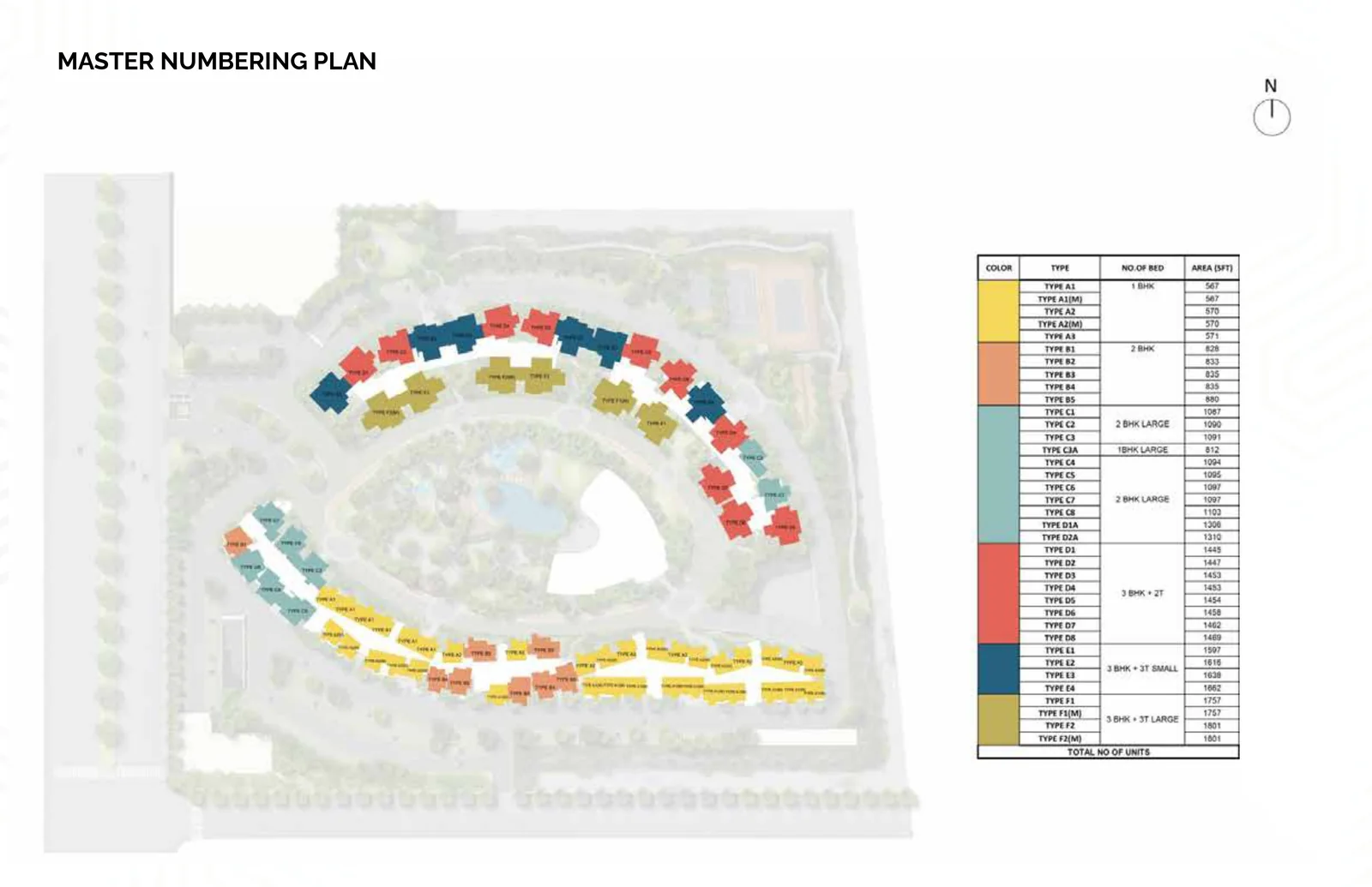 Master numbering plan showing towers T1 to T9 and the unit type on each line, for reading the Prestige Parklane tower-wise price list