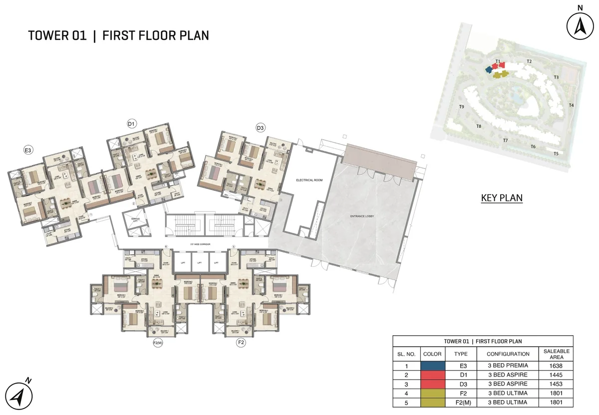 Prestige Parklane Tower 1 first floor plan, first floor, showing each apartment and its type code