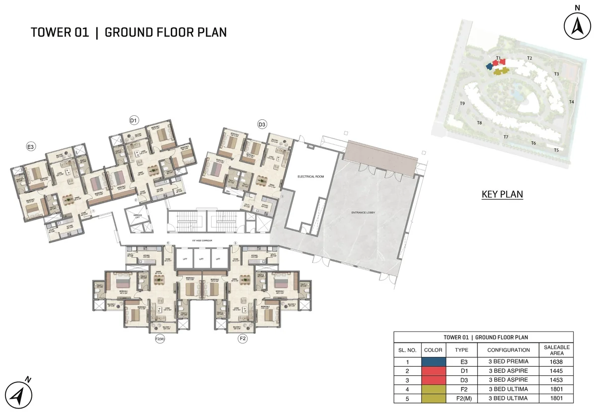 Prestige Parklane Tower 1 ground floor plan, ground floor, showing each apartment and its type code