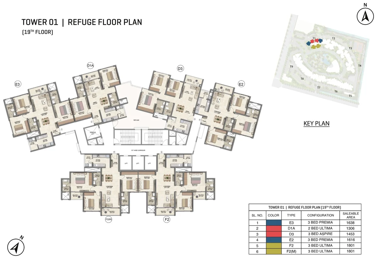 Prestige Parklane Tower 1 19th refuge floor plan, 19th floor, with the refuge area, showing each apartment and its type code