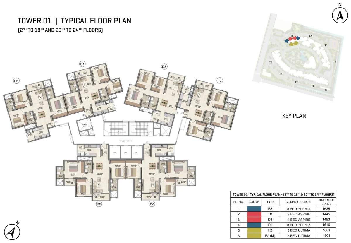Prestige Parklane Tower 1 typical floor plan, floors 2 to 18 and 20 to 24, showing each apartment and its type code