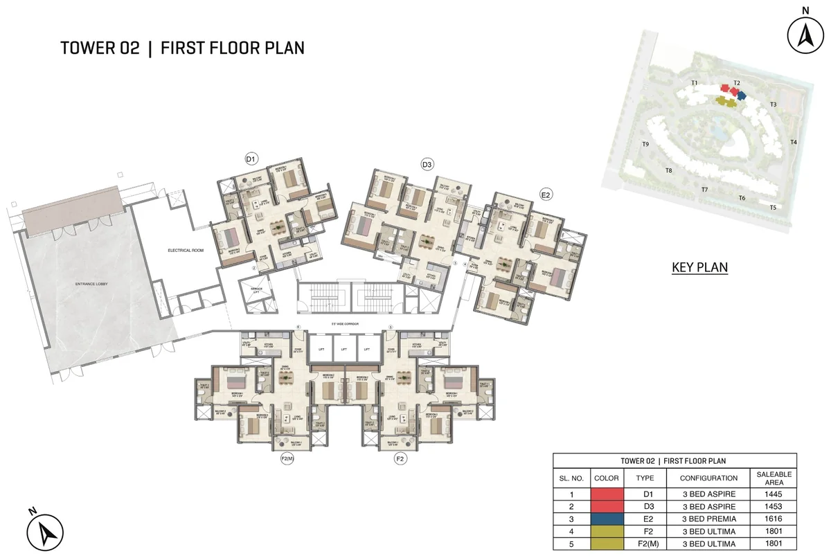 Prestige Parklane Tower 2 first floor plan, first floor, showing each apartment and its type code