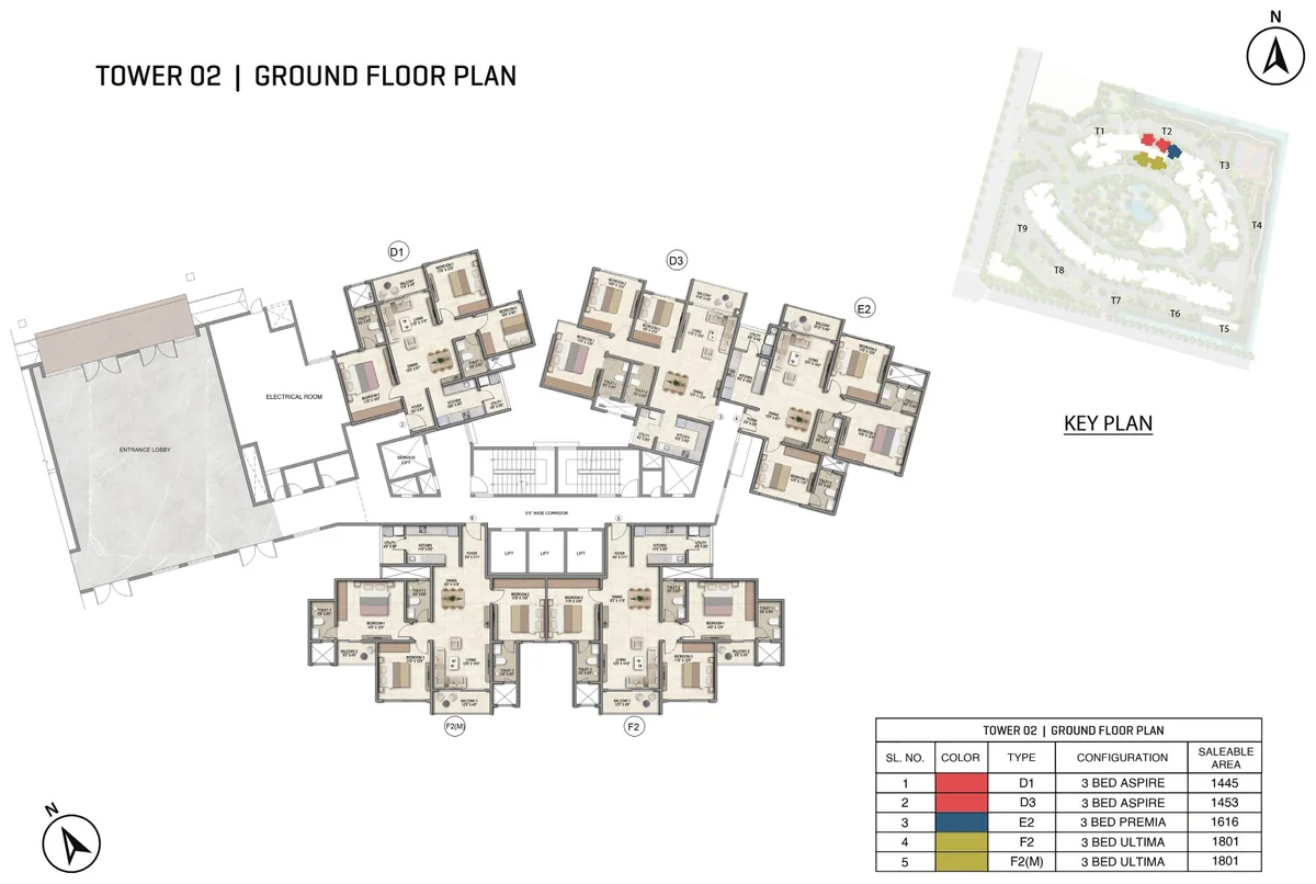 Prestige Parklane Tower 2 ground floor plan, ground floor, showing each apartment and its type code