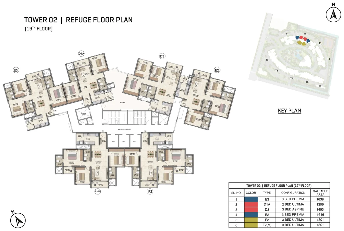 Prestige Parklane Tower 2 19th refuge floor plan, 19th floor, with the refuge area, showing each apartment and its type code