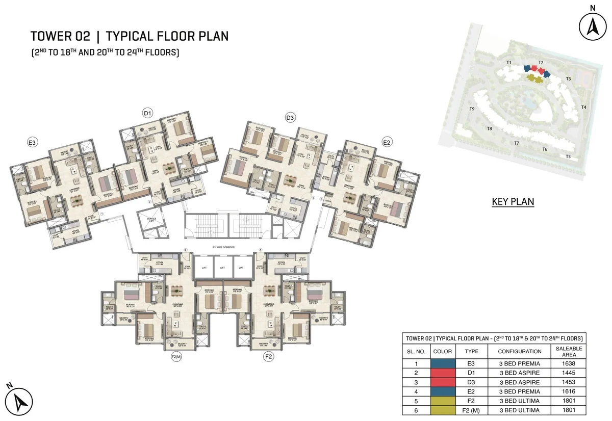 Prestige Parklane Tower 2 typical floor plan, floors 2 to 18 and 20 to 24, showing each apartment and its type code