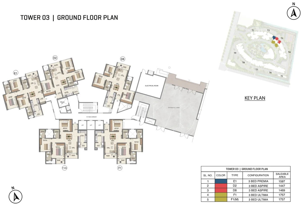 Prestige Parklane Tower 3 ground floor plan, ground floor, showing each apartment and its type code