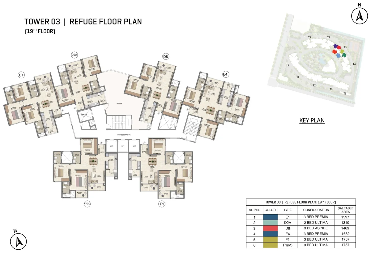 Prestige Parklane Tower 3 19th refuge floor plan, 19th floor, with the refuge area, showing each apartment and its type code