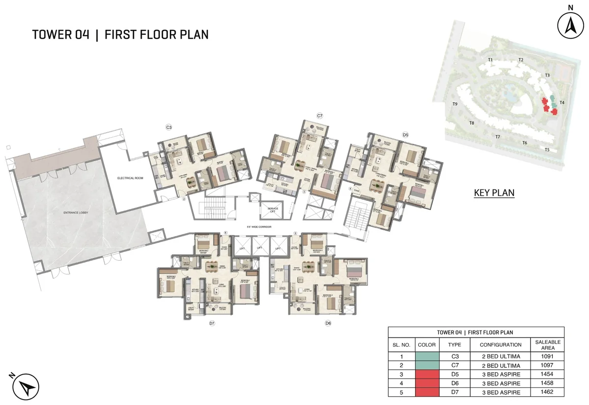 Prestige Parklane Tower 4 first floor plan, first floor, showing each apartment and its type code
